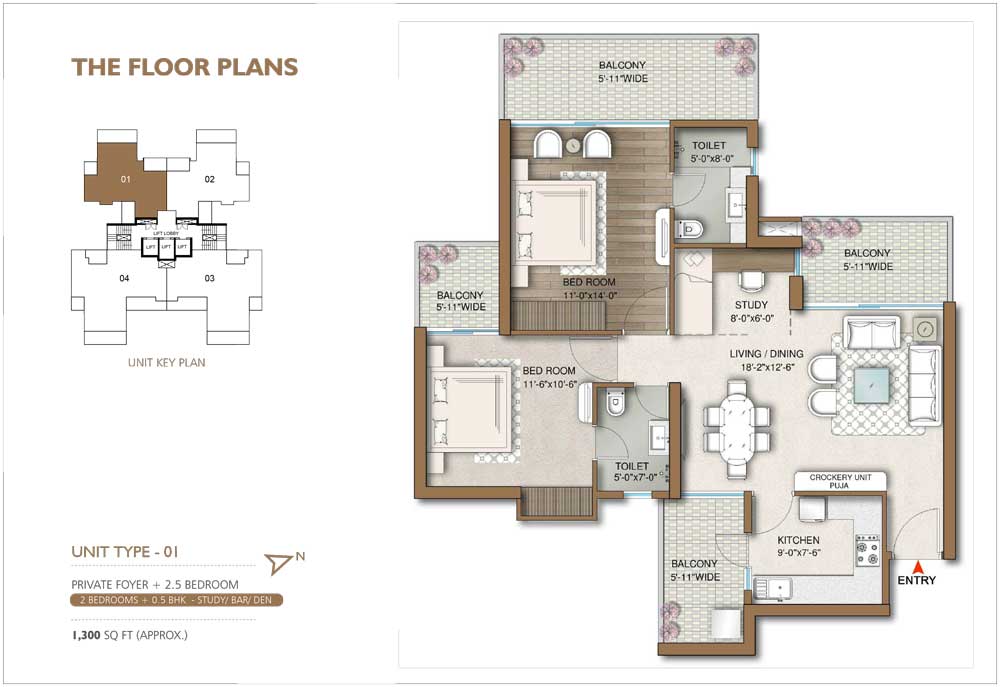 2.5 BHK (Type 1) - 1300 sqft (Approx.)
