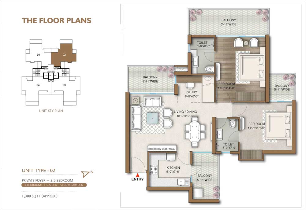 2.5 BHK (Type 2) - 1300 sqft (Approx.)