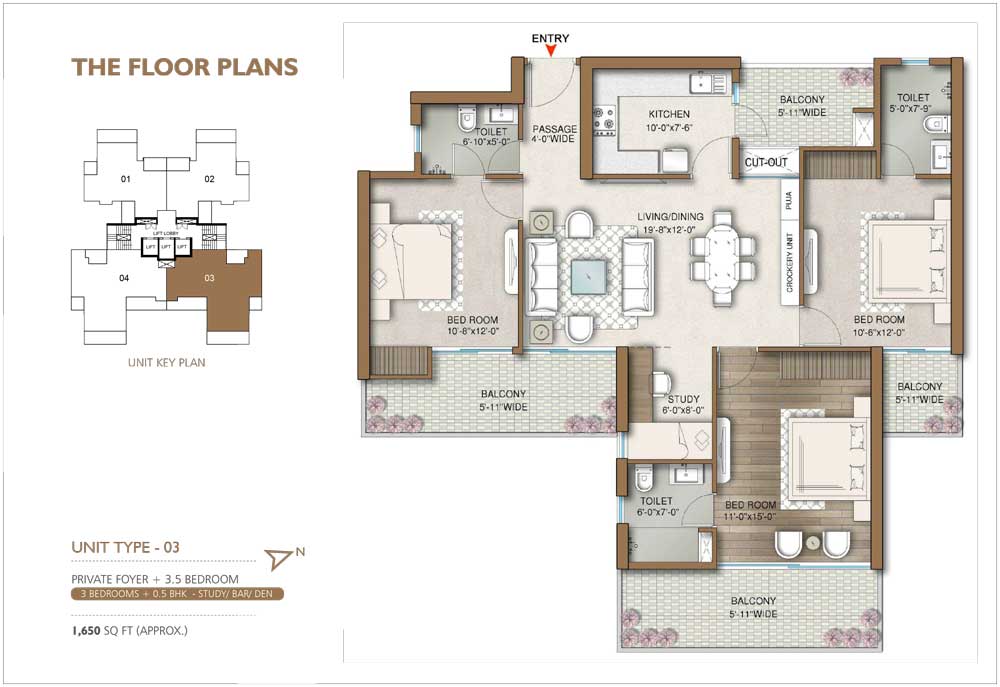 3.5 BHK (Type 1) - 1650 sqft (Approx.)