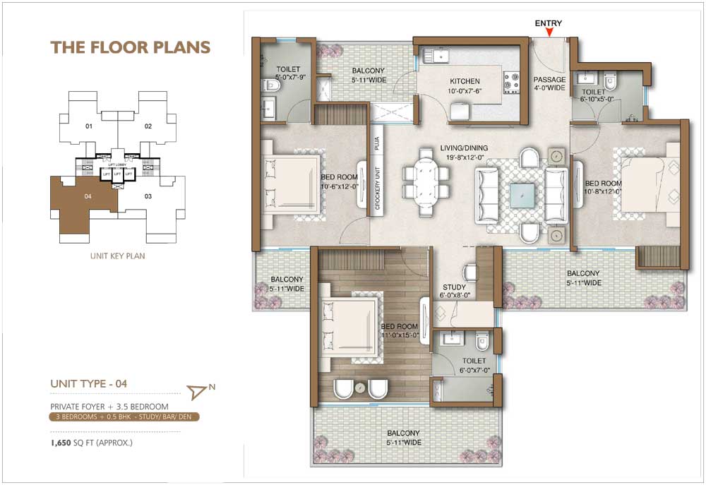 3.5 BHK (Type 2) - 1650 sqft (Approx.)